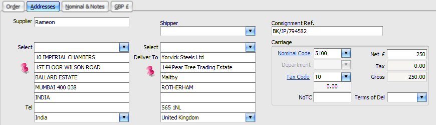 Purchase Order Address tab Purchase Order Address tab
