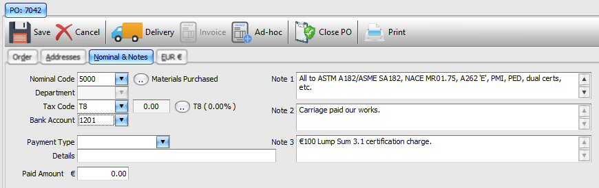 Purchase Order Nominal tab Purchase Order Nominal tab